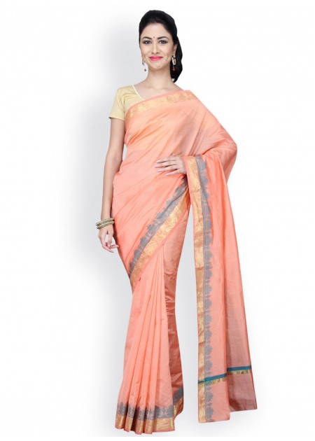 Pavechas Peach-Coloured Banarasi Cotton and Poly Silk Traditional Saree
